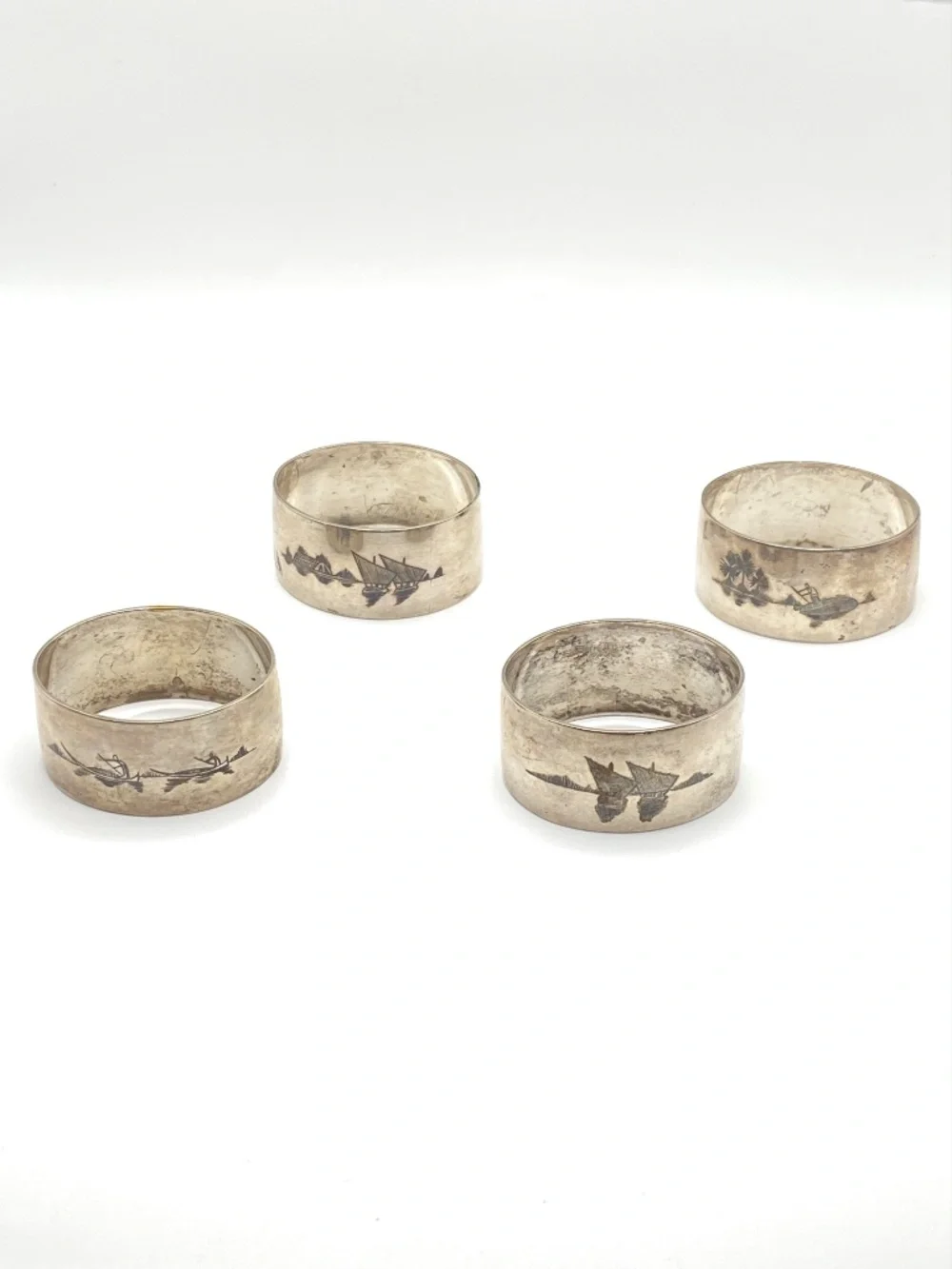 Vintage Iraqi Silver Niello Napkin Rings Set of 4 Double Scenic Middle Eastern